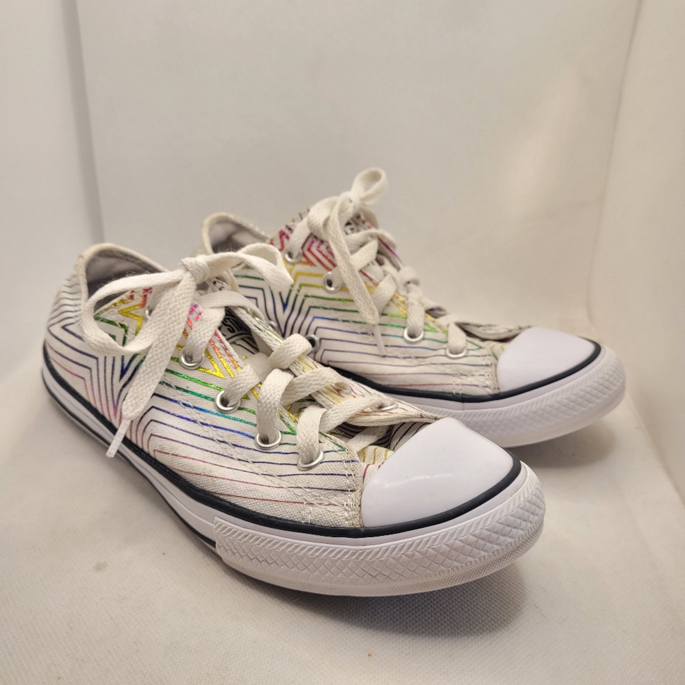 Girls Kids Converse All Star Sneaker Shoes White Rainbow Metallic Size 3 youth